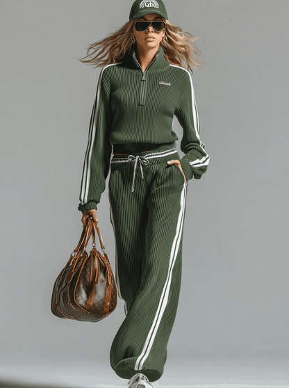Ensemble Décontracté Vert : Pull Tricoté à Demi-Zip et Pantalon Sportif