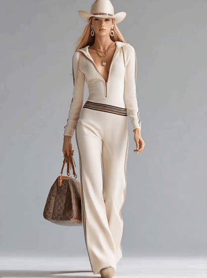 Combinaison Tricotée Rétro à Capuche - Col V et Zip Avant en Blanc Cassé