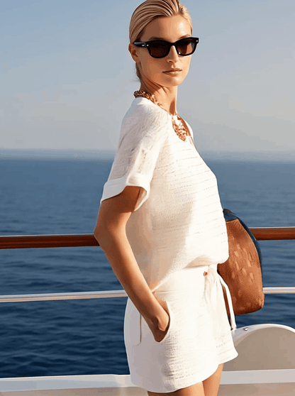 Expédition Rapide en 24h : Ensemble Décontracté en Tricot Blanc à Manches Courtes - Parfait pour vos Vacances!