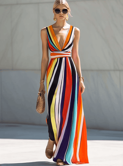 Robe Maxi Chiffon à Rayures Arc-en-Ciel avec Décolleté en V - Expédition Rapide en 24 Heures
