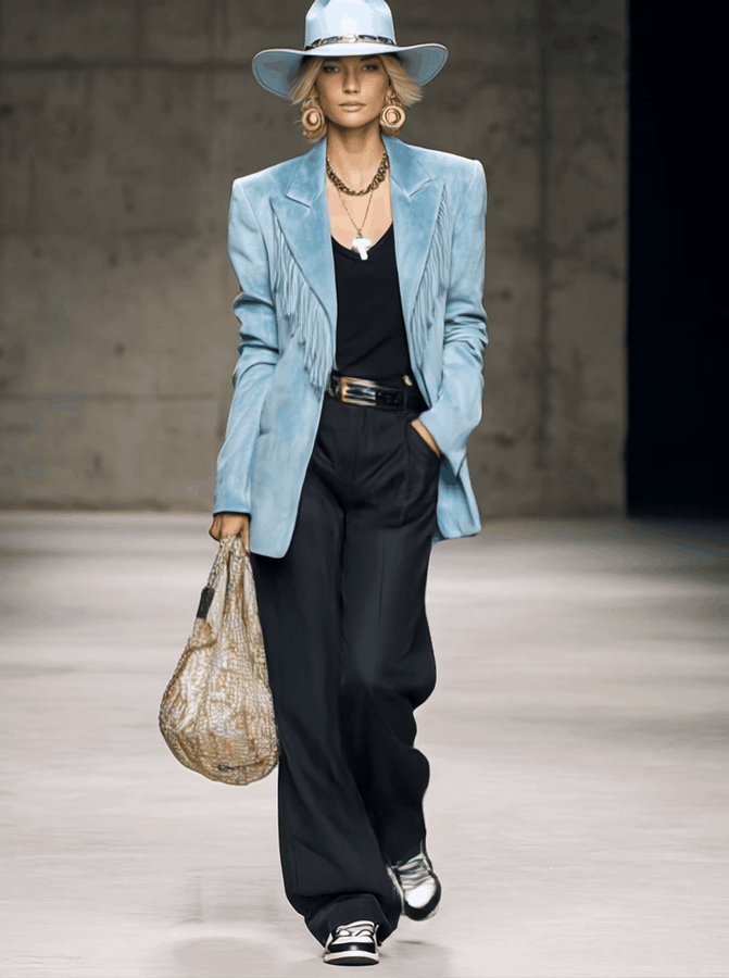 Veste en Suède Bleu Clair avec Col Pointe Vintage Western et Franges Élégantes