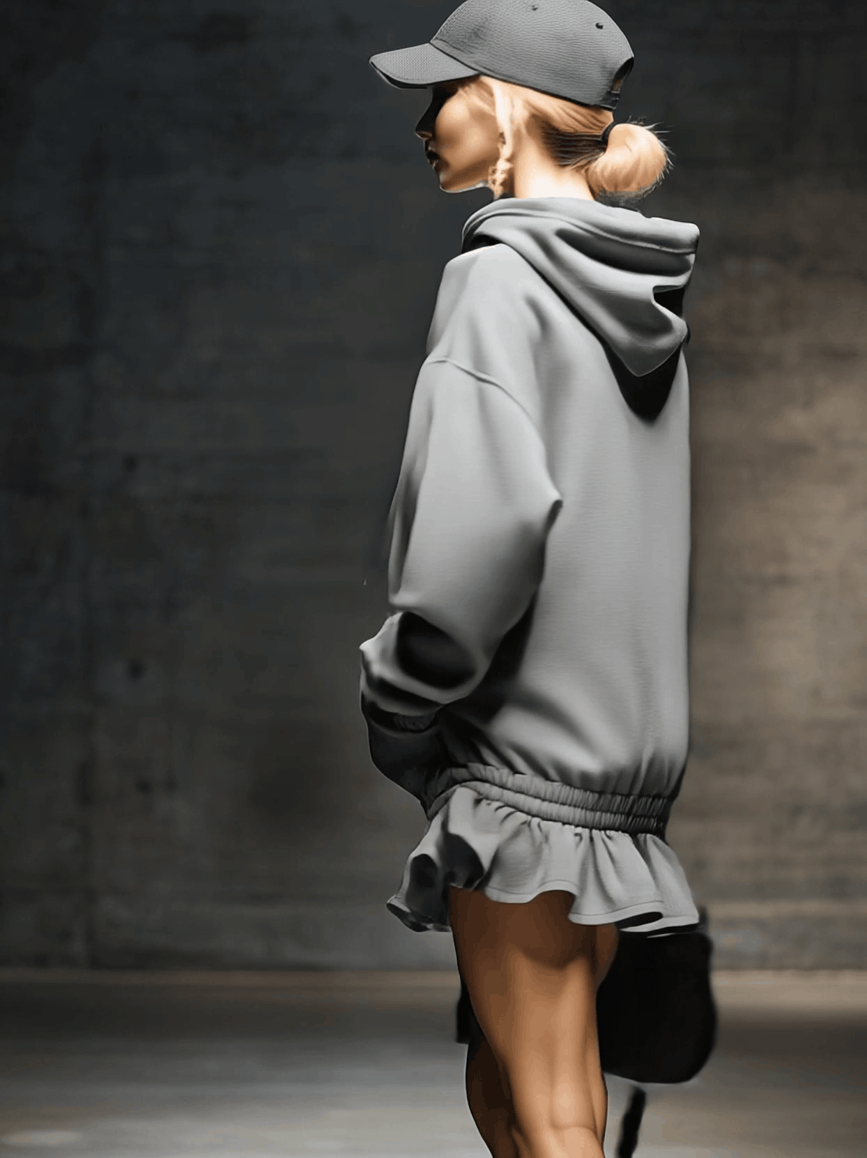 Robe Mini Sweat Grise à Capuche avec Ourlet Élastique - Élégance Décontractée et Tendance