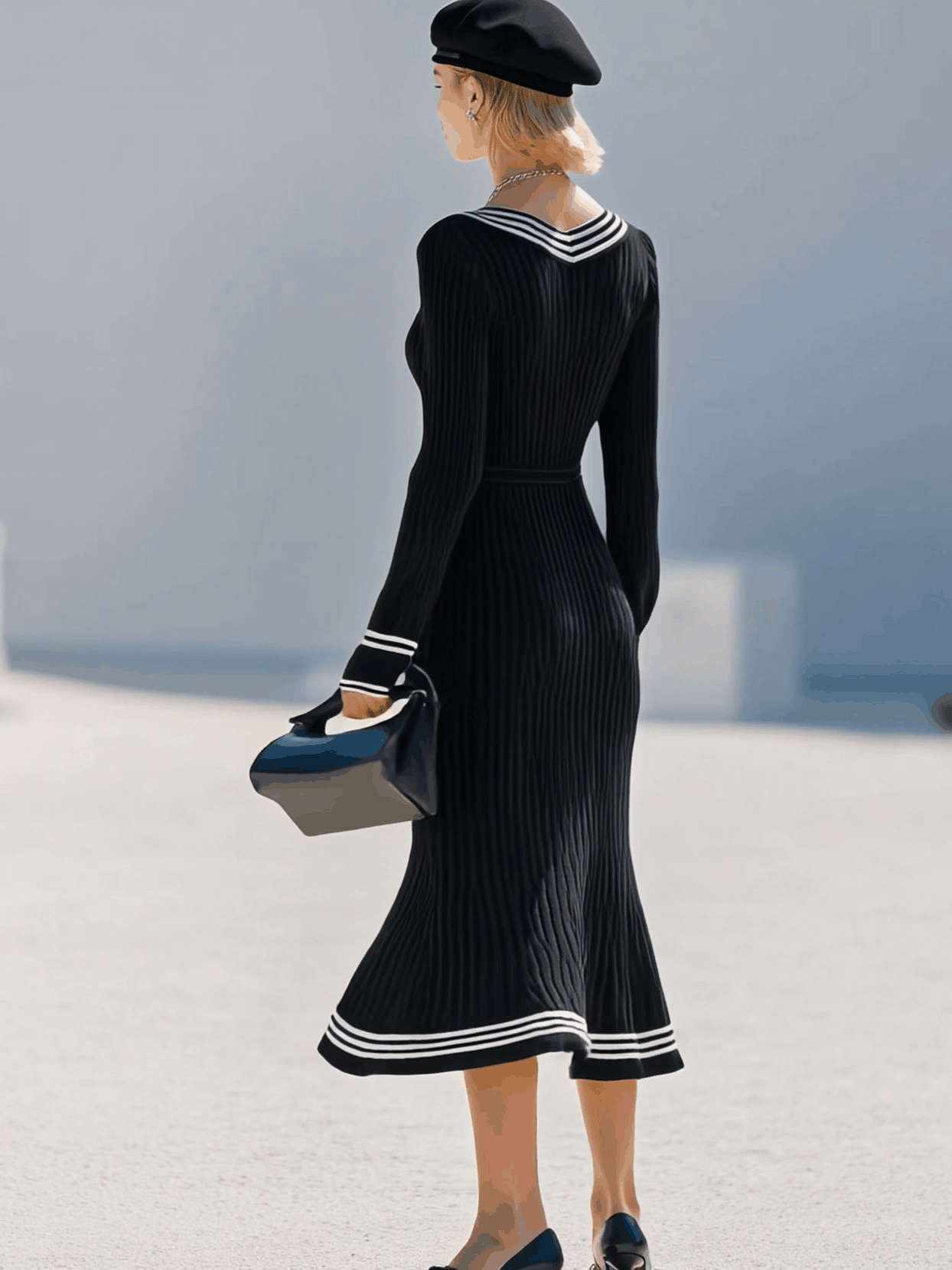 Robe Midi Noire en Tricot Fishtail à Manches Longues avec Détails Blancs Rétro