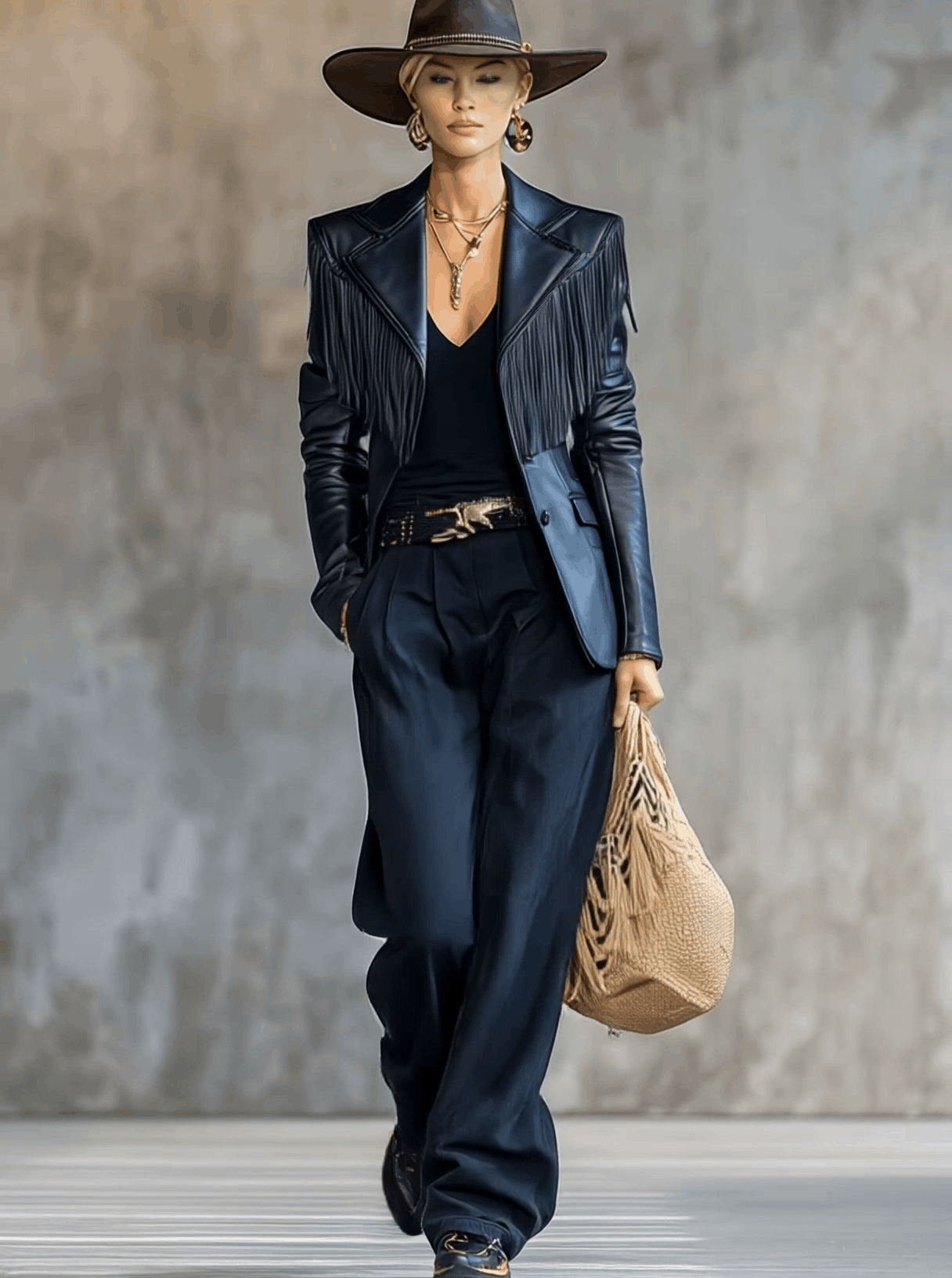 Veste en Cuir Noir avec Franges Élégantes sur Épaules et Revers Vintage