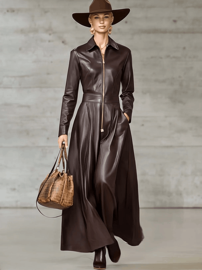 Robe Maxi en Cuir Marron Haut de Gamme avec Fermeture Éclair Avant et Élégantes Manches Longues