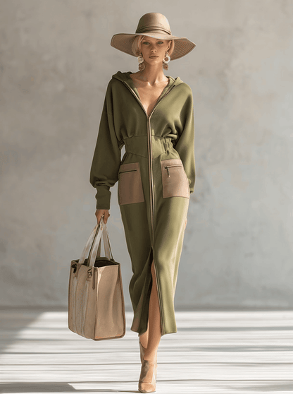 Robe Maxi Élégante à Manches Longues avec Capuche et Fermeture Éclair en Olive – Silhouette Affinée