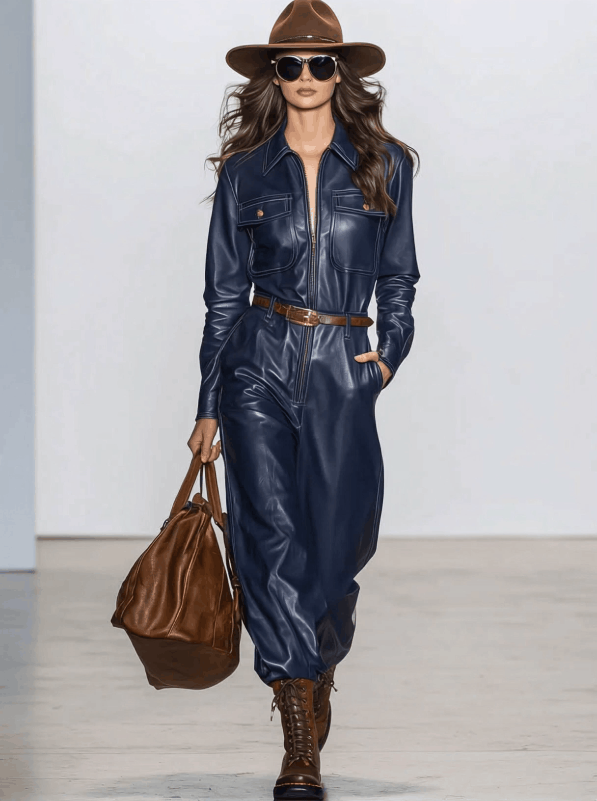 Combinaison Rétro en Simili Cuir Bleu Foncé - Manches Longues et Jambes Amples avec Détails à Lacets
