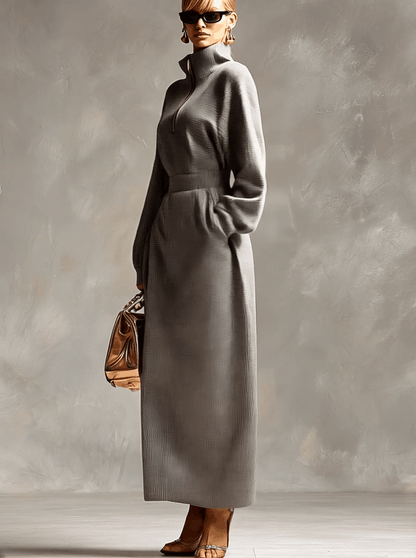 Robe Maxi Waffle Grise Clair à Zip Avant, Col Relevé et Manches Longues