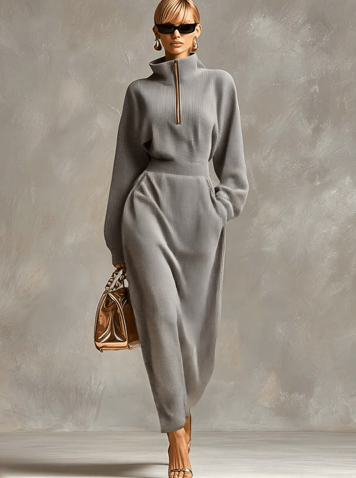 Robe Maxi Waffle Grise Clair à Zip Avant, Col Relevé et Manches Longues