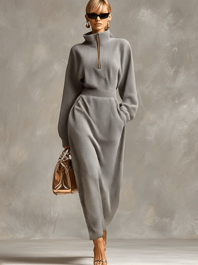 Robe Maxi Waffle Grise Clair à Zip Avant, Col Relevé et Manches Longues