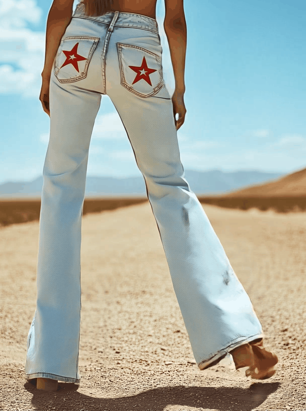 Expédition Rapide en 24h : Pantalons en Denim Évasés avec Broderie d'Étoile au Dos