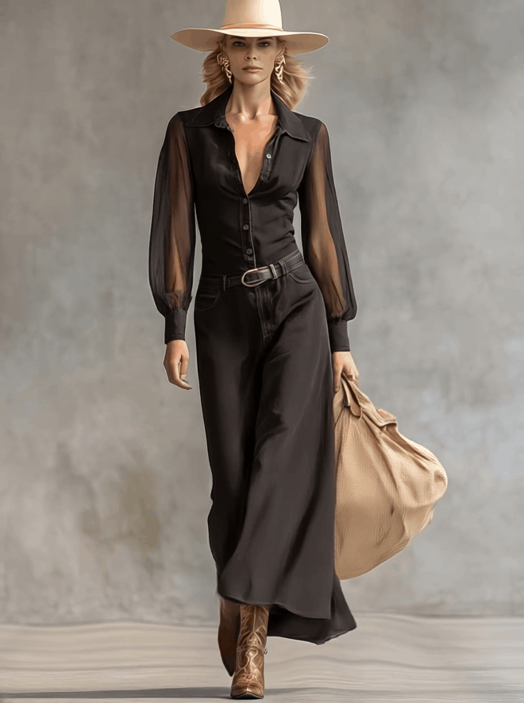 Maxi Robe en Denim Noir Transparent à Manches Longues avec Détails Vintage Western et Décolleté en V
