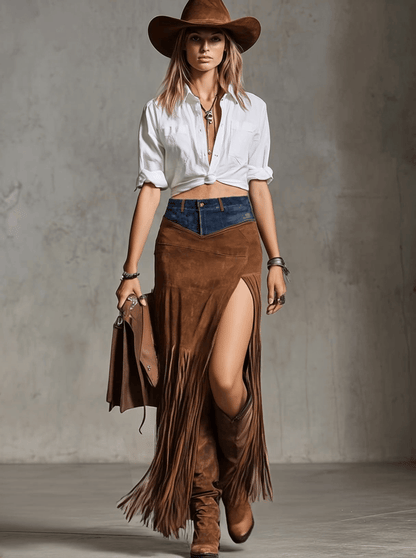 Exquisite Brown Asymmetrical Suede Maxi Skirt with Fringe and Vintage Western Patchwork