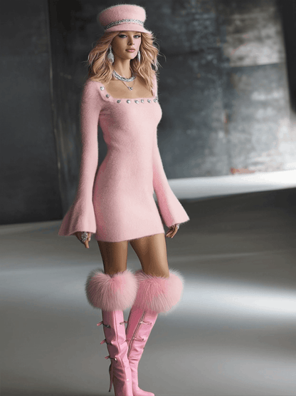 Robe Mini Tricot Rose avec Col Carré et Manches Évasées - Édition Hippocampe