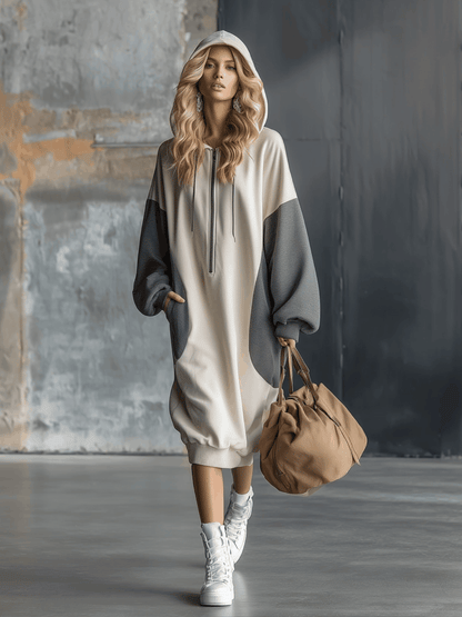 Robe Midi Sportive à Capuche avec Manches Contrastées - Style Décontracté