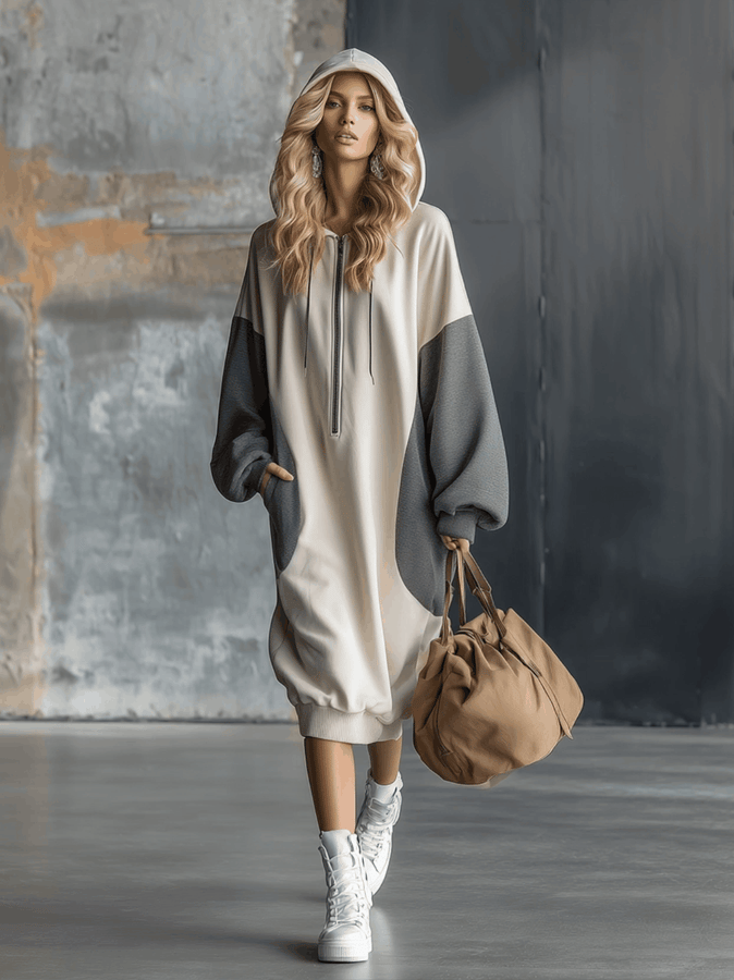 Robe Midi Sportive à Capuche avec Manches Contrastées - Style Décontracté