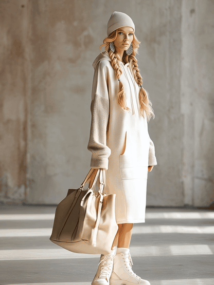 Chic et Confort : Robe Midi Sweat à Capuche en Polaire Beige Oversize