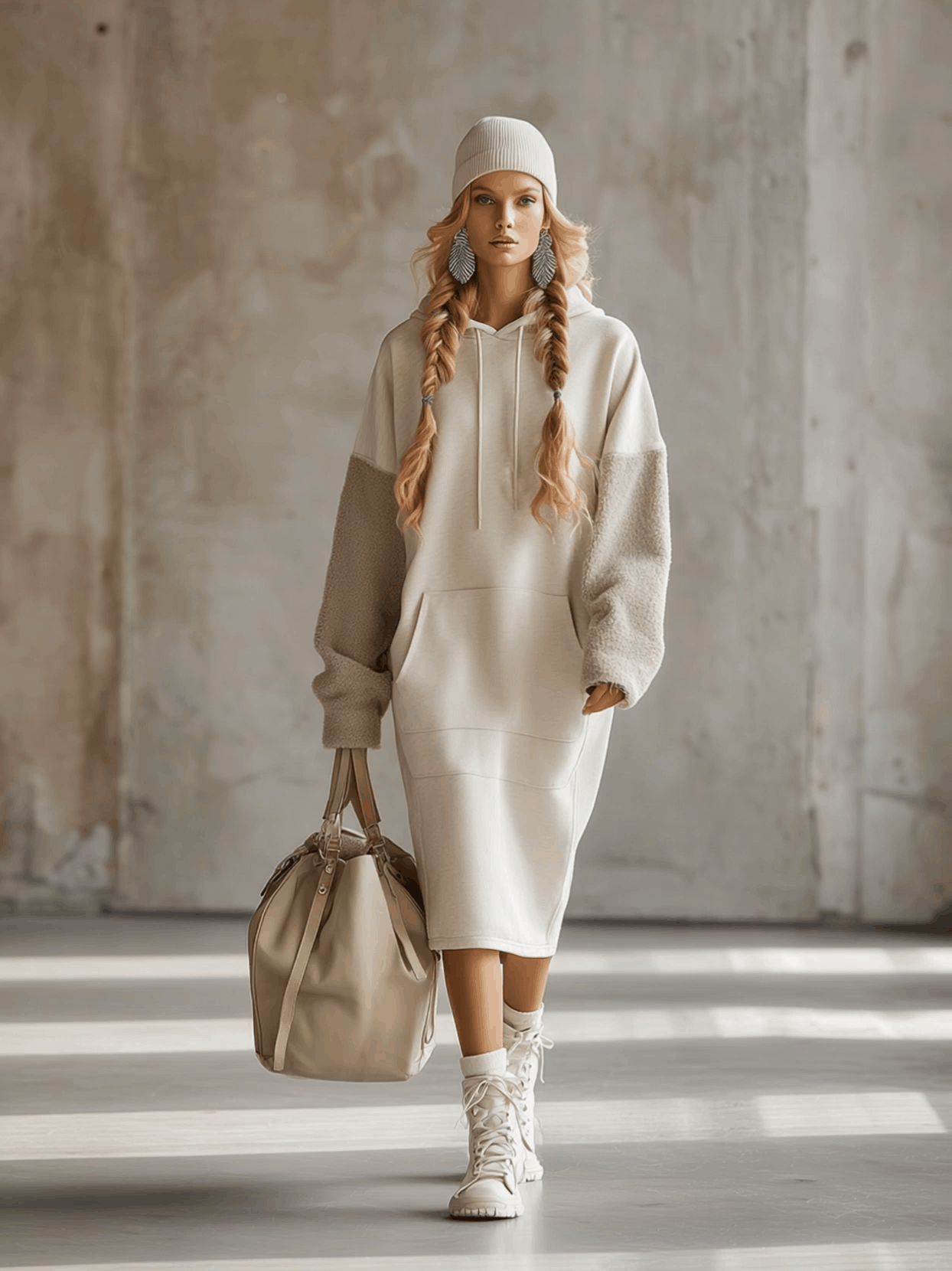 Chic et Confort : Robe Midi en Polaire Beige à Capuche et Manches Amples