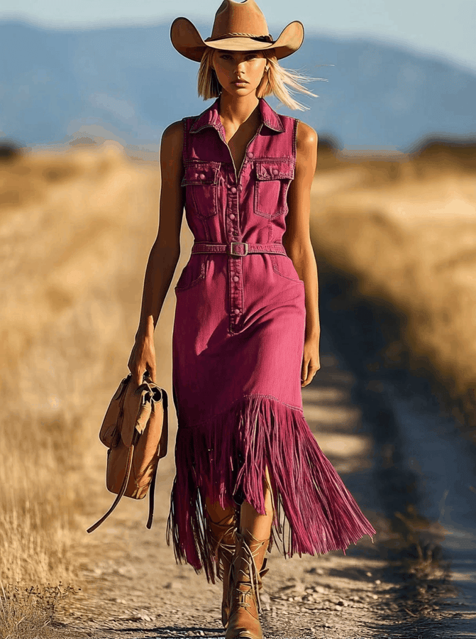 Robe Midi Sans Manches en Denim Fuchsia Rétro : Franges et Lacets - Expédition en 24 Heures !
