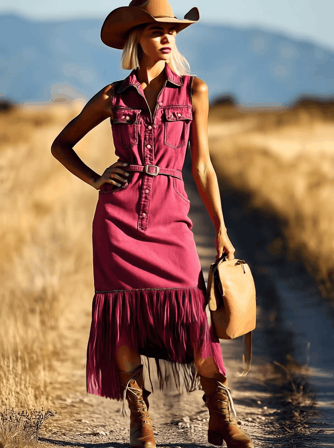 Robe Midi Sans Manches en Denim Fuchsia Rétro : Franges et Lacets - Expédition en 24 Heures !