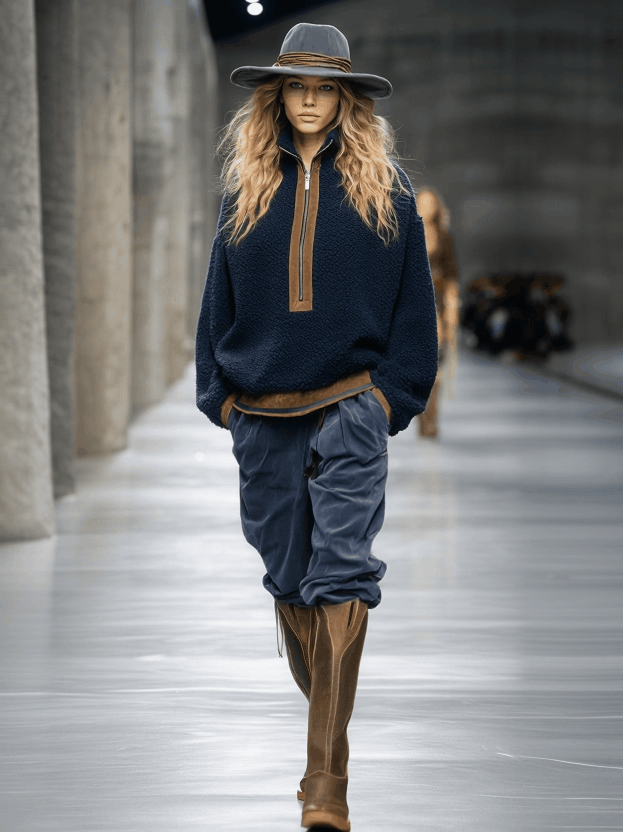 Pull Fleece Teddy Bleu avec Détails Marron Rétro et Tendance