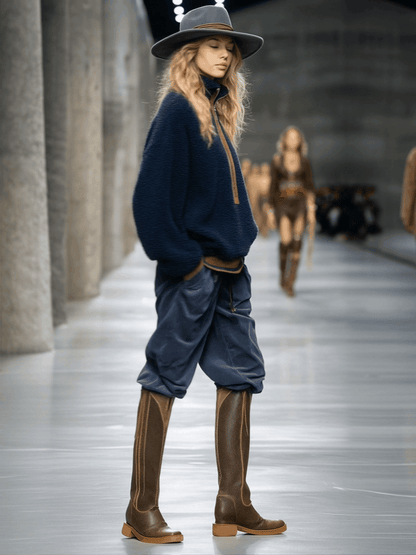 Pull Fleece Teddy Bleu avec Détails Marron Rétro et Tendance