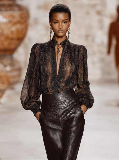 Chemise V en Chocolat Mocha - Imprimé Longue Manche Premium