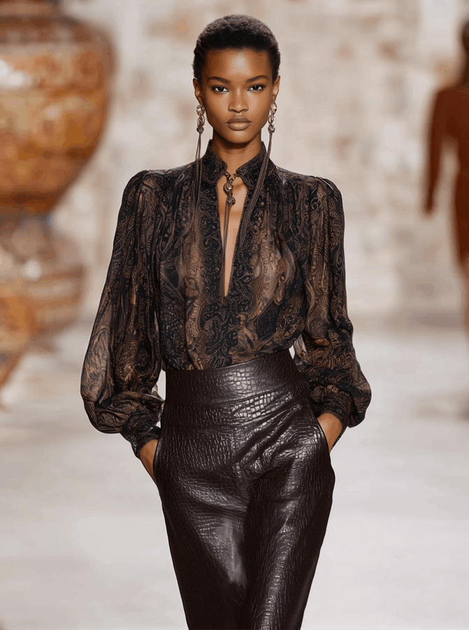 Chemise V en Chocolat Mocha - Imprimé Longue Manche Premium