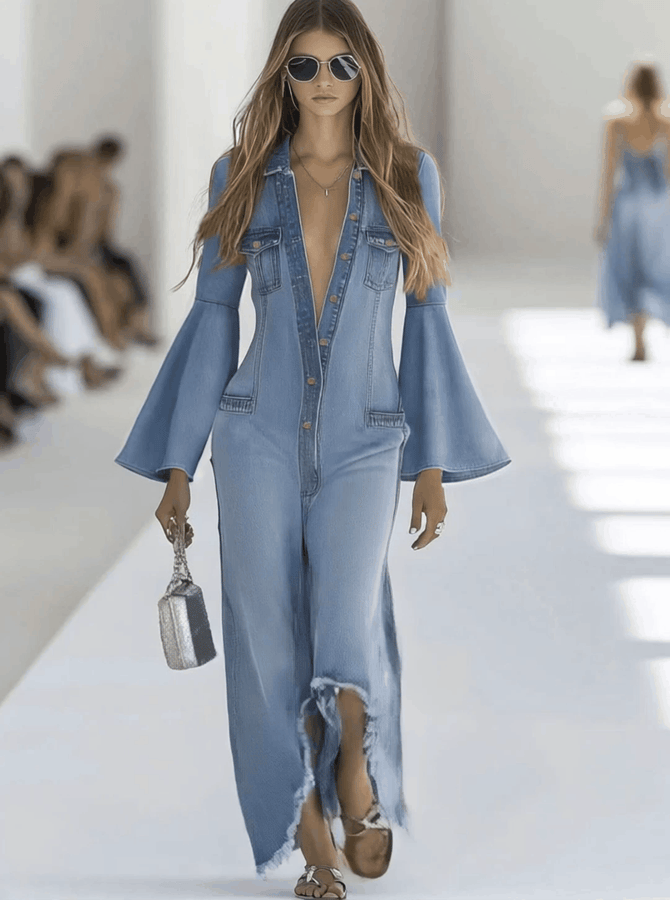 Salopette Vintage en Jean Bleu Clair à Jambes Évasées et Manches Longues avec Détails Bruts