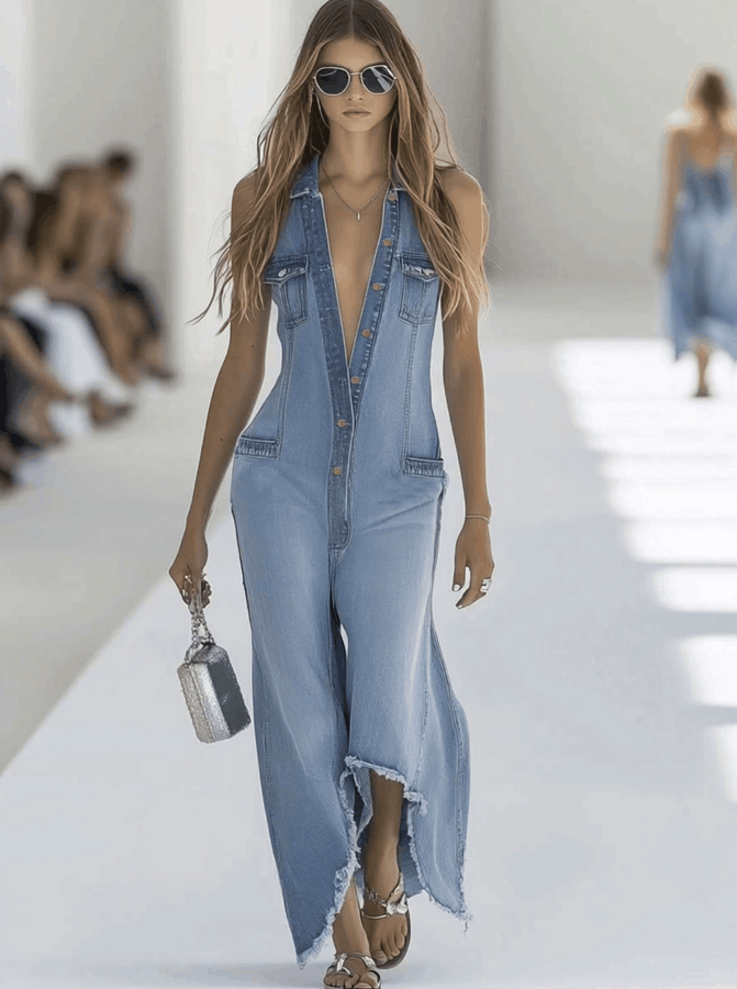【Expédition en 24h】Combinaison sans manches en denim bleu clair au style western rétro, avec bords effilochés et jambes larges zippées