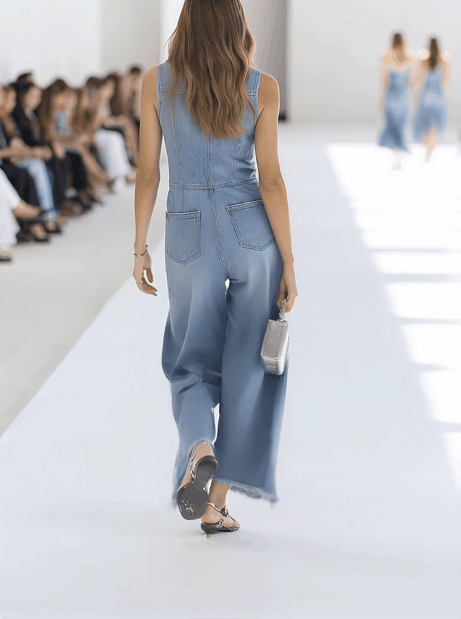 【Expédition en 24h】Combinaison sans manches en denim bleu clair au style western rétro, avec bords effilochés et jambes larges zippées