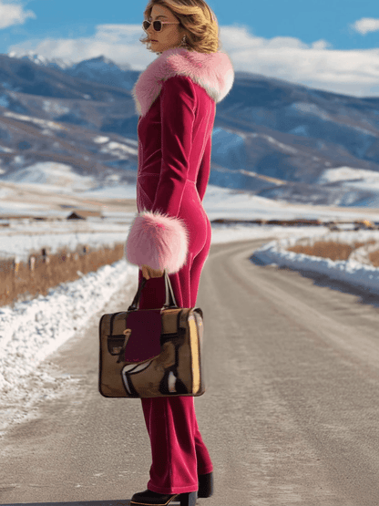 Combinaison Rétro en Velours Rouge Rose avec Col en Fourrure Synthétique et Manches Longues Évasées