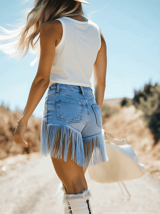 【Livraison rapide en 24 heures】Culottes en denim bleu clair avec finitions effilochées et bords bruts