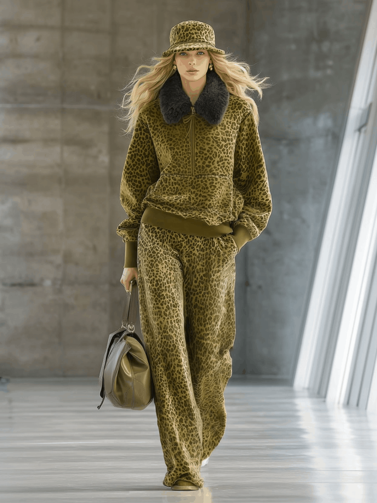 Luxueux Ensemble en Velours à Imprimé Léopard : Sweat à Col en Fausse Fourrure et Pantalon Large