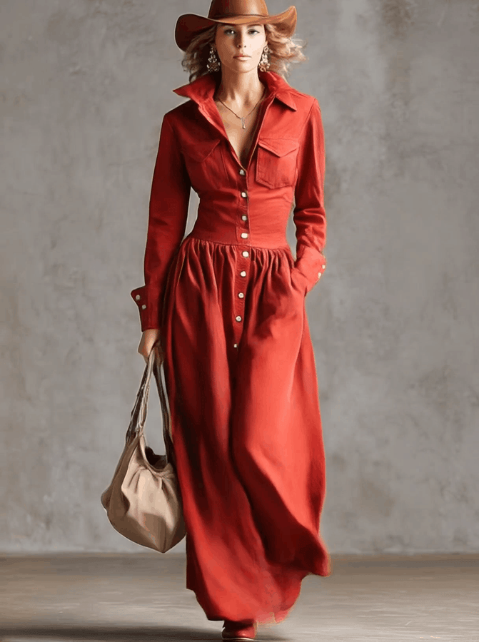 Robe Maxi Élégante en Coton et Lin Rouge - Style Coupe-Vent avec Détails Boutonnés