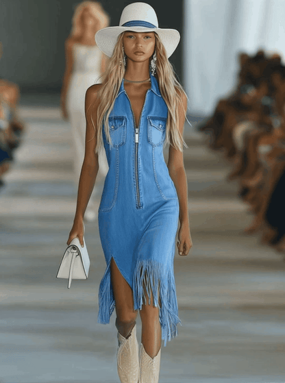 Robe Midi Vintage en Jean Bleu Sans Manches - Poche Zippée, Fente et Franges | Expédition Rapide en 24h