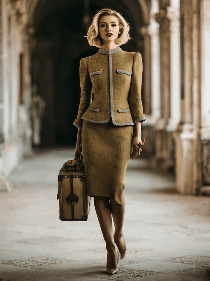 Élégante Veste et Jupe en Tweed Doré Vintage