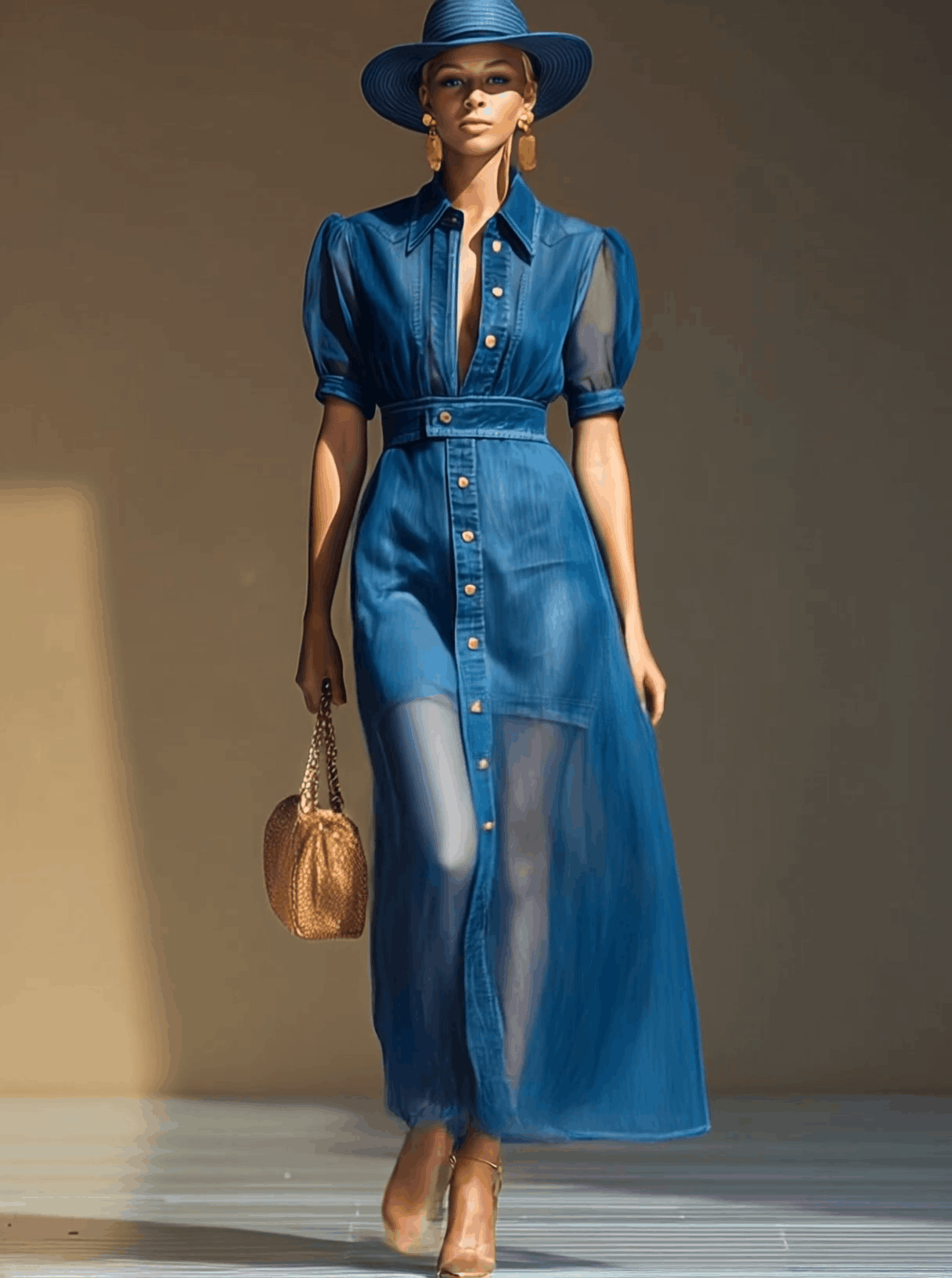 Maxi Robe en Denim Bleu avec V-Cou, Boutons Frontaux et Manches Courtes en Organza