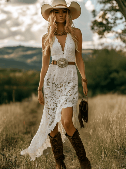 Robe Maxi Vintage en Dentelle Blanche Élégante - Expédition Rapide sous 24 Heures