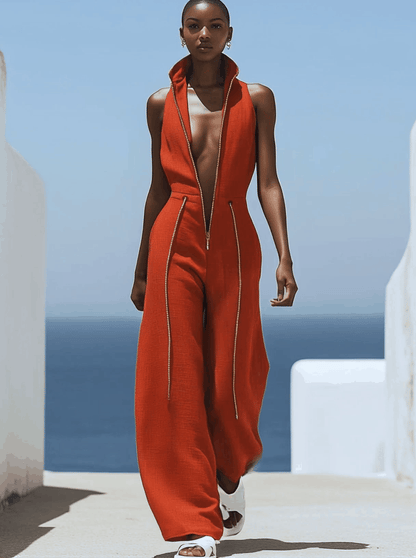 Combinaison Décontractée Rétro en Coton et Lin Rouge - Sans Manches, Fermeture Éclair, Taille Élastique et Jambes Larges - Expédition Rapide en 24 Heures!