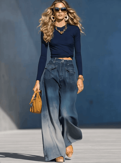 Jean ample délavé dégradé bleu-gris pour un look décontracté