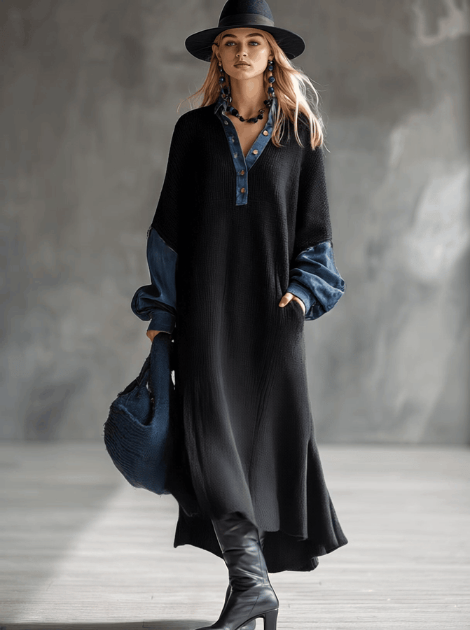 Maxi Robe Noire en Tricot Décontractée avec Détails en Denim
