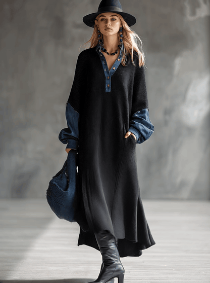 Robe Maxi Noire en Tricot Décontractée avec Accents en Denim