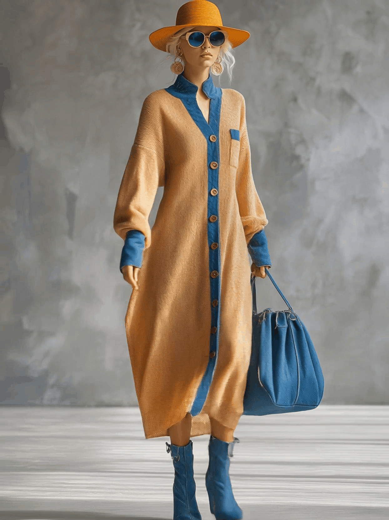 Robe Maxi Tricotée Style Cardigan avec Éléments en Denim - Teinte Gingembre