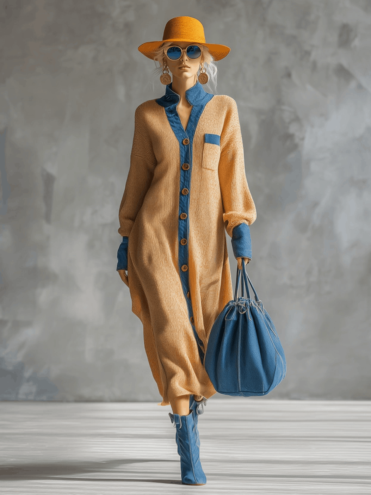 Robe Maxi Tricotée Style Cardigan avec Éléments en Denim - Teinte Gingembre