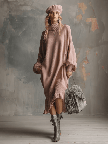 Élégante Robe Midi Tricotée Rose Pâle à Col Montant et Détails Volants