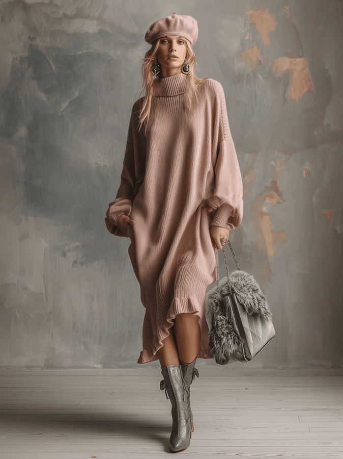 Robe Midi Élégante en Tricot Rose avec Col Montant et Ourlet Volanté