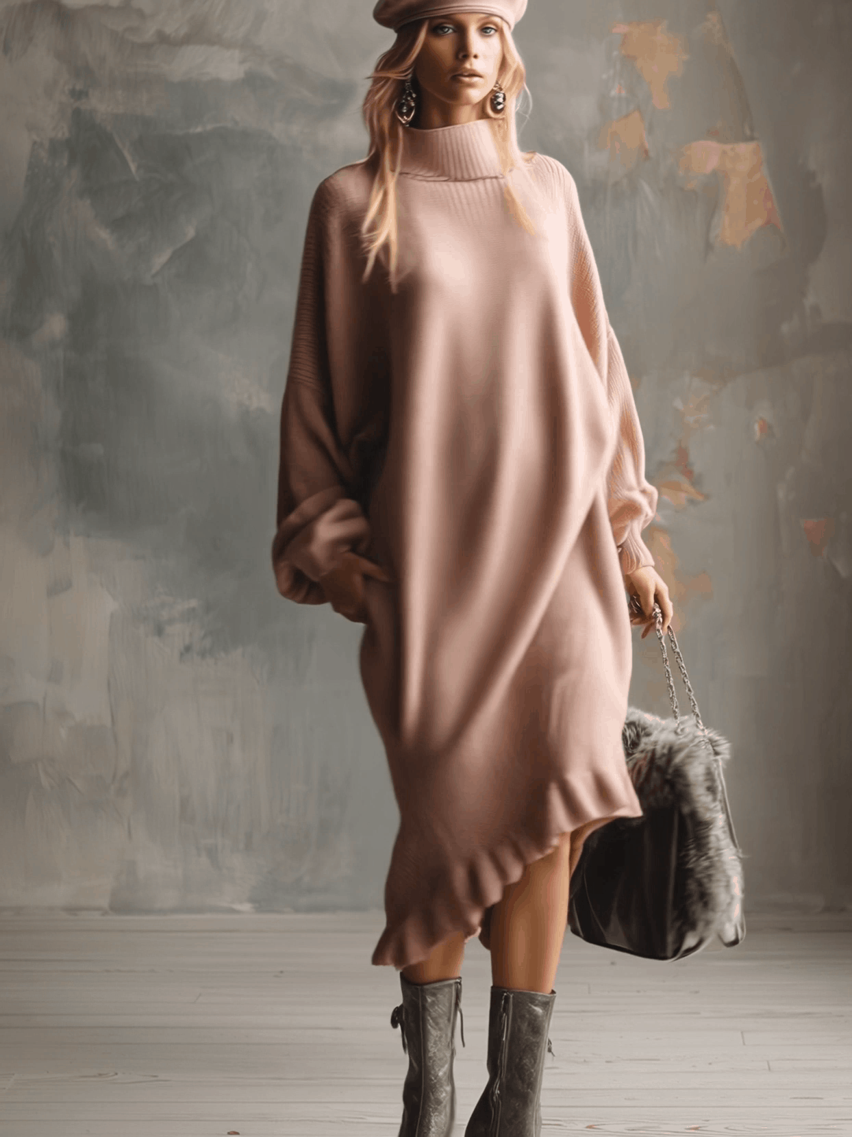 Élégante Robe Midi Tricotée Rose Pâle à Col Montant et Détails Volants