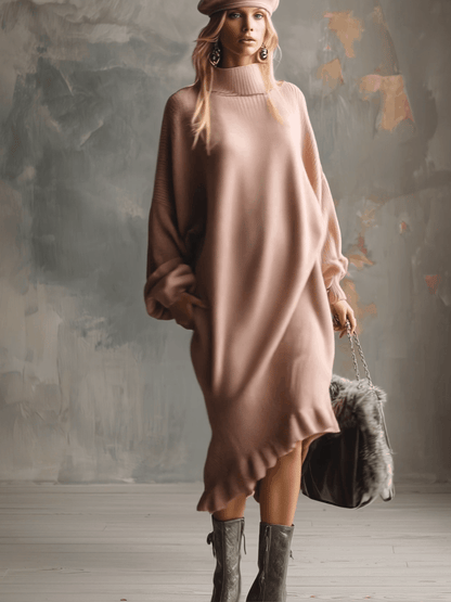 Élégante Robe Midi Tricotée Rose Pâle à Col Montant et Détails Volants