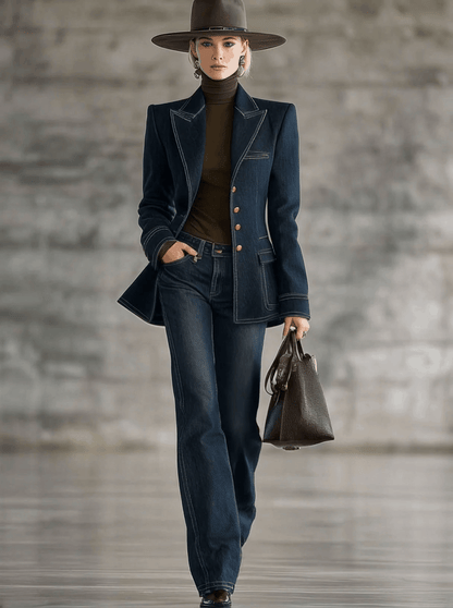 Veste en Jean Bleu Marine avec Détails Rétro